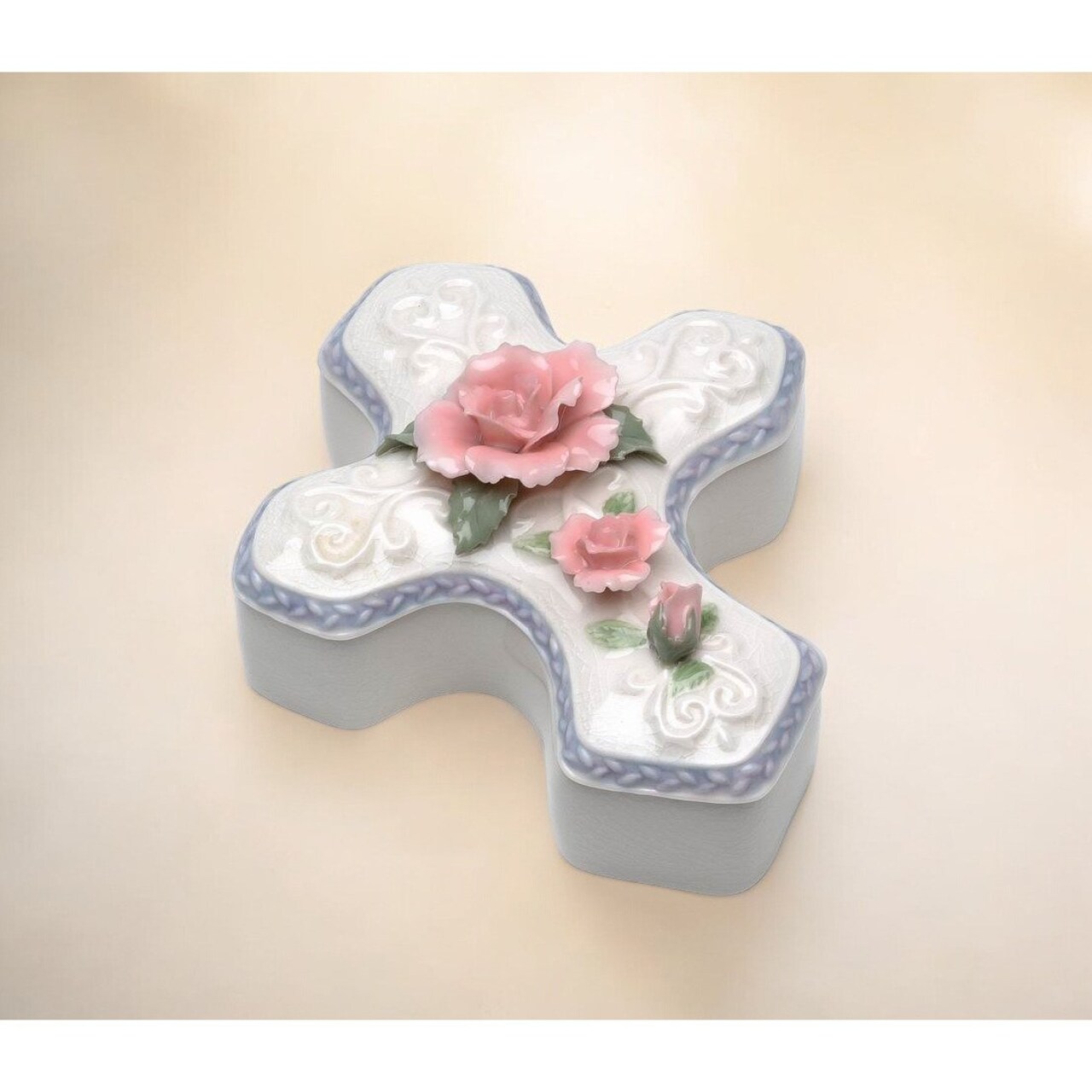 Ceramic Cross Jewelry Box Pink Rose Flower 6 Inch Religious Gift